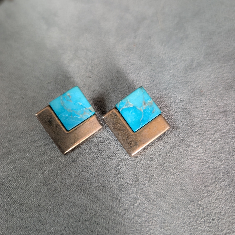 Vintage 1980s Turquoise and Silver Geometric Earrings